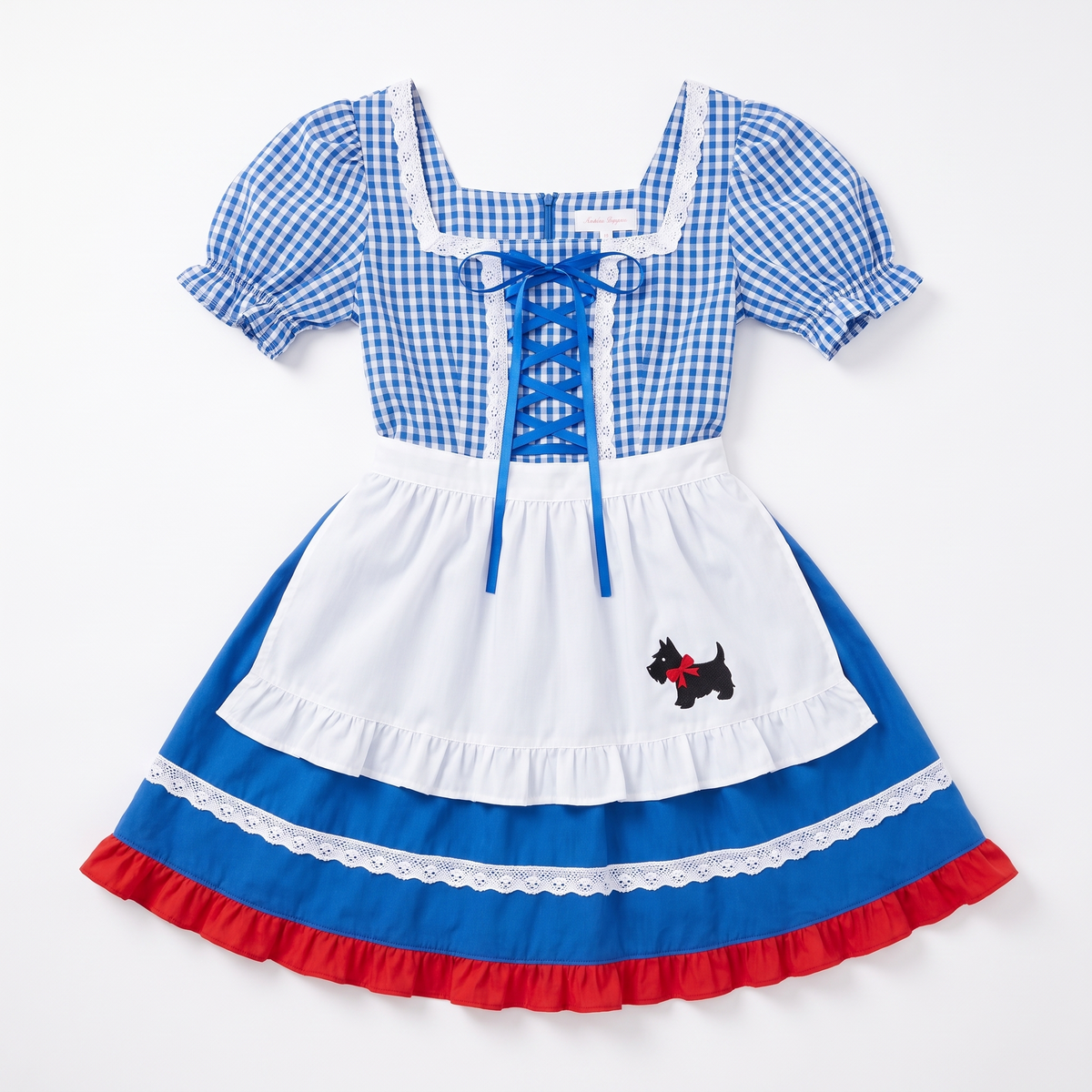 Sunoire blue ruffle apron pinafore dress garment flatlay 01