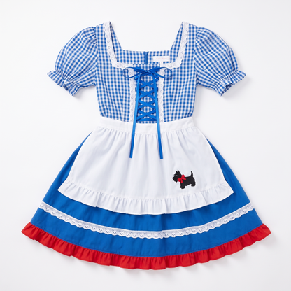 Sunoire blue ruffle apron pinafore dress garment flatlay 01