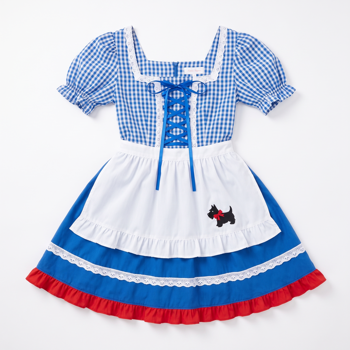 Sunoire blue ruffle apron pinafore dress garment flatlay 01