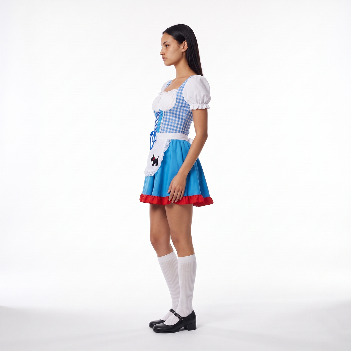 Sunoire blue ruffle apron pinafore dress side view 01