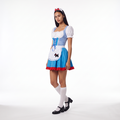 Sunoire blue ruffle apron pinafore dress three quarter 01