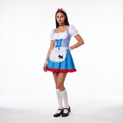 Sunoire blue ruffle apron pinafore dress torso crop 01