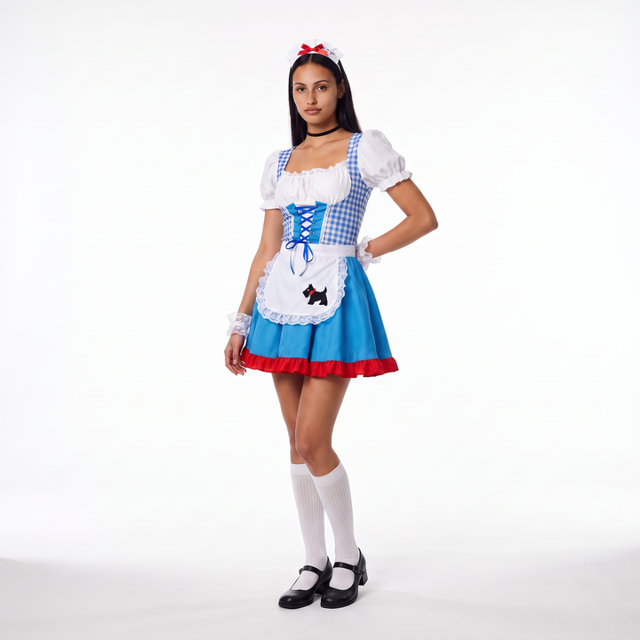 Sunoire blue ruffle apron pinafore dress torso crop 01