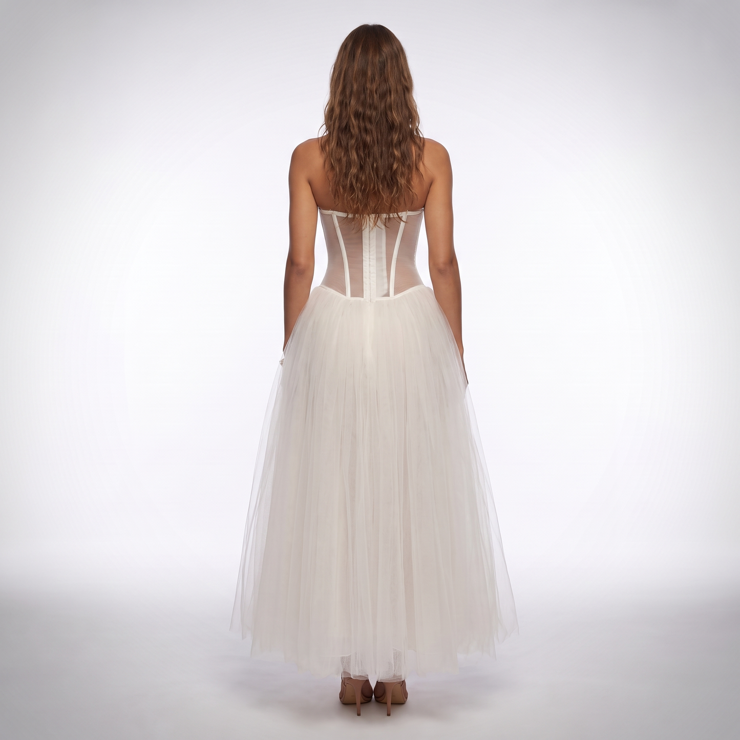 Sunoire boned bodice strapless gown see through mesh corset back closure white tulle long maxi cocktail party evening dress back view 01