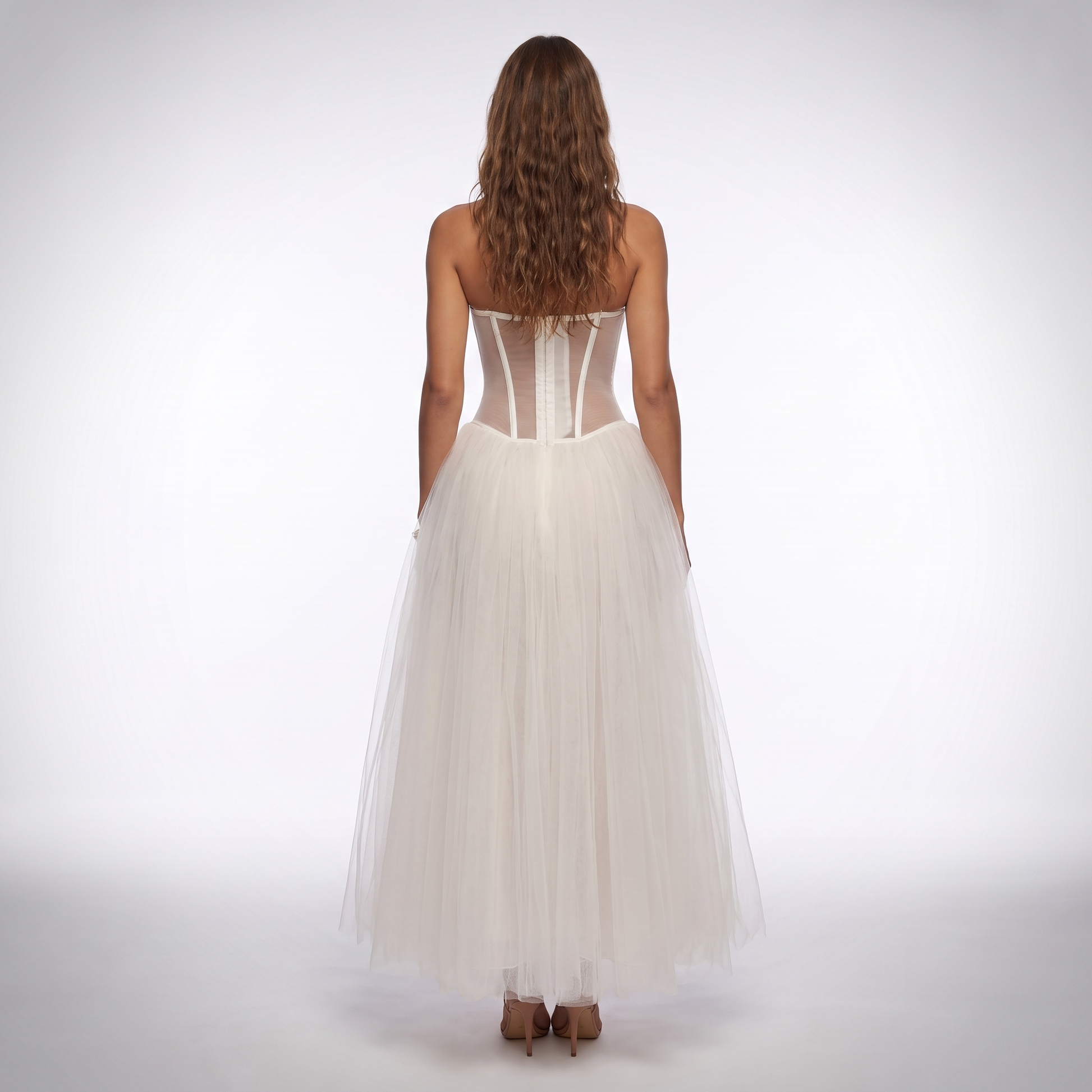 Sunoire boned bodice strapless gown see through mesh corset back closure white tulle long maxi cocktail party evening dress back view 01