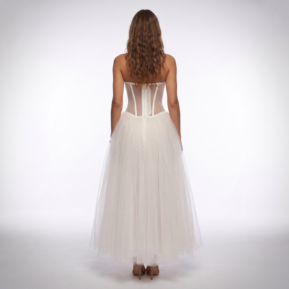 Sunoire boned bodice strapless gown see through mesh corset back closure white tulle long maxi cocktail party evening dress back view 01