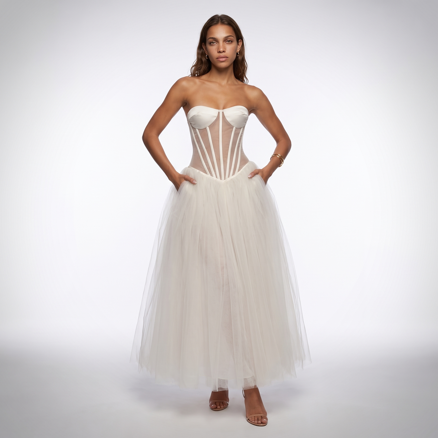 Sunoire boned bodice strapless gown see through mesh corset back closure white tulle long maxi cocktail party evening dress front hero 01