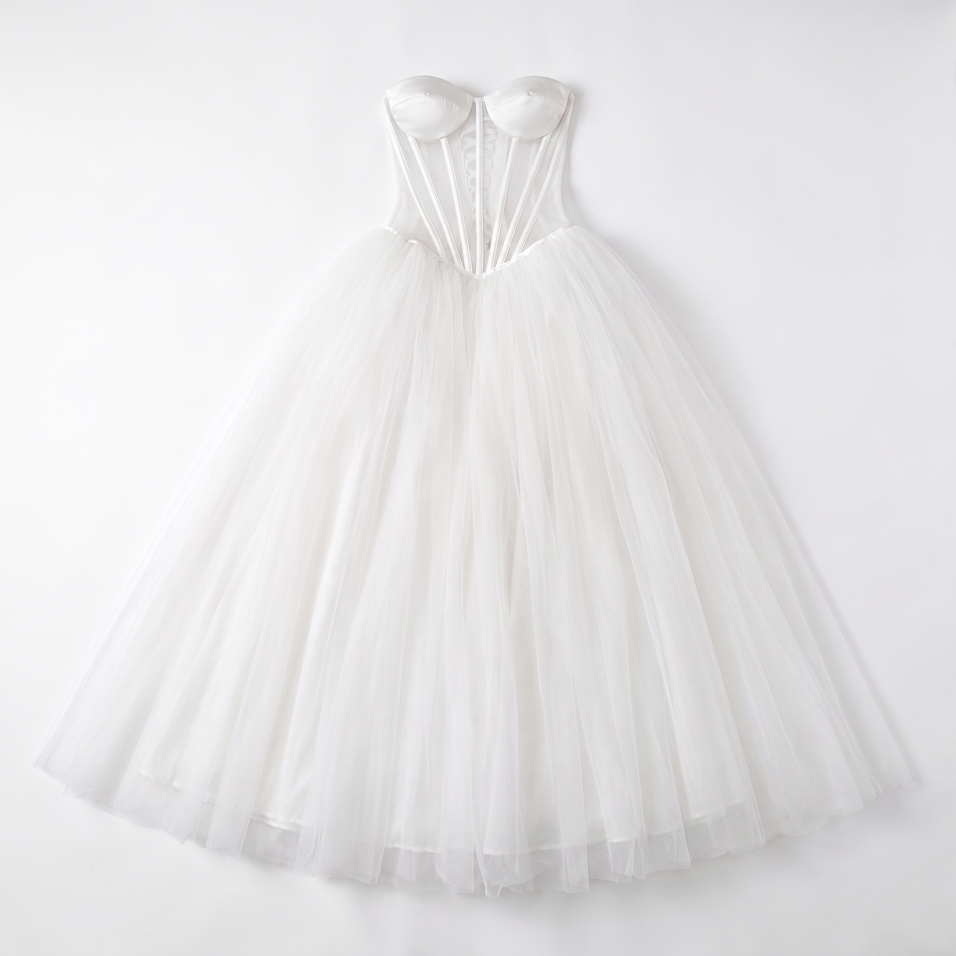 Sunoire boned bodice strapless gown see through mesh corset back closure white tulle long maxi cocktail party evening dress garment flatlay 01