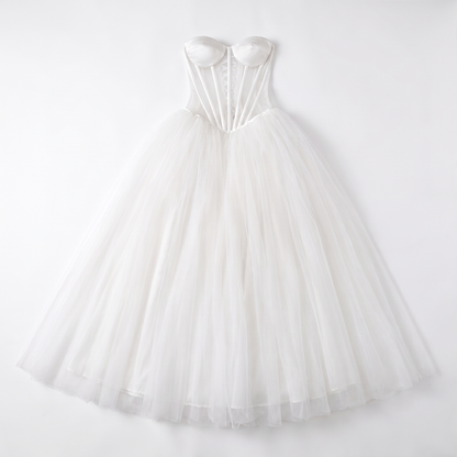 Sunoire boned bodice strapless gown see through mesh corset back closure white tulle long maxi cocktail party evening dress garment flatlay 01