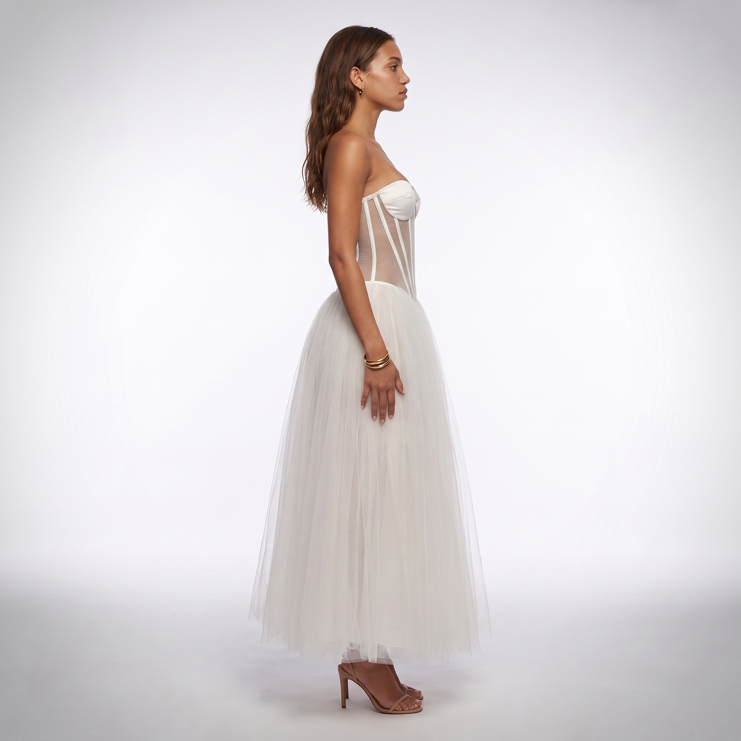 Sunoire boned bodice strapless gown see through mesh corset back closure white tulle long maxi cocktail party evening dress side view 01