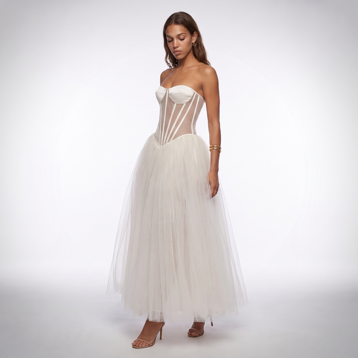 Sunoire boned bodice strapless gown see through mesh corset back closure white tulle long maxi cocktail party evening dress three quarter 01