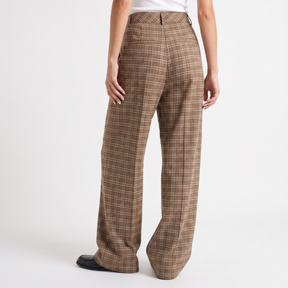 Sunoire plaid wide leg pleated front pants brown bottom back crop