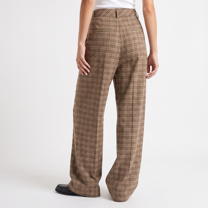 Sunoire plaid wide leg pleated front pants brown bottom back crop