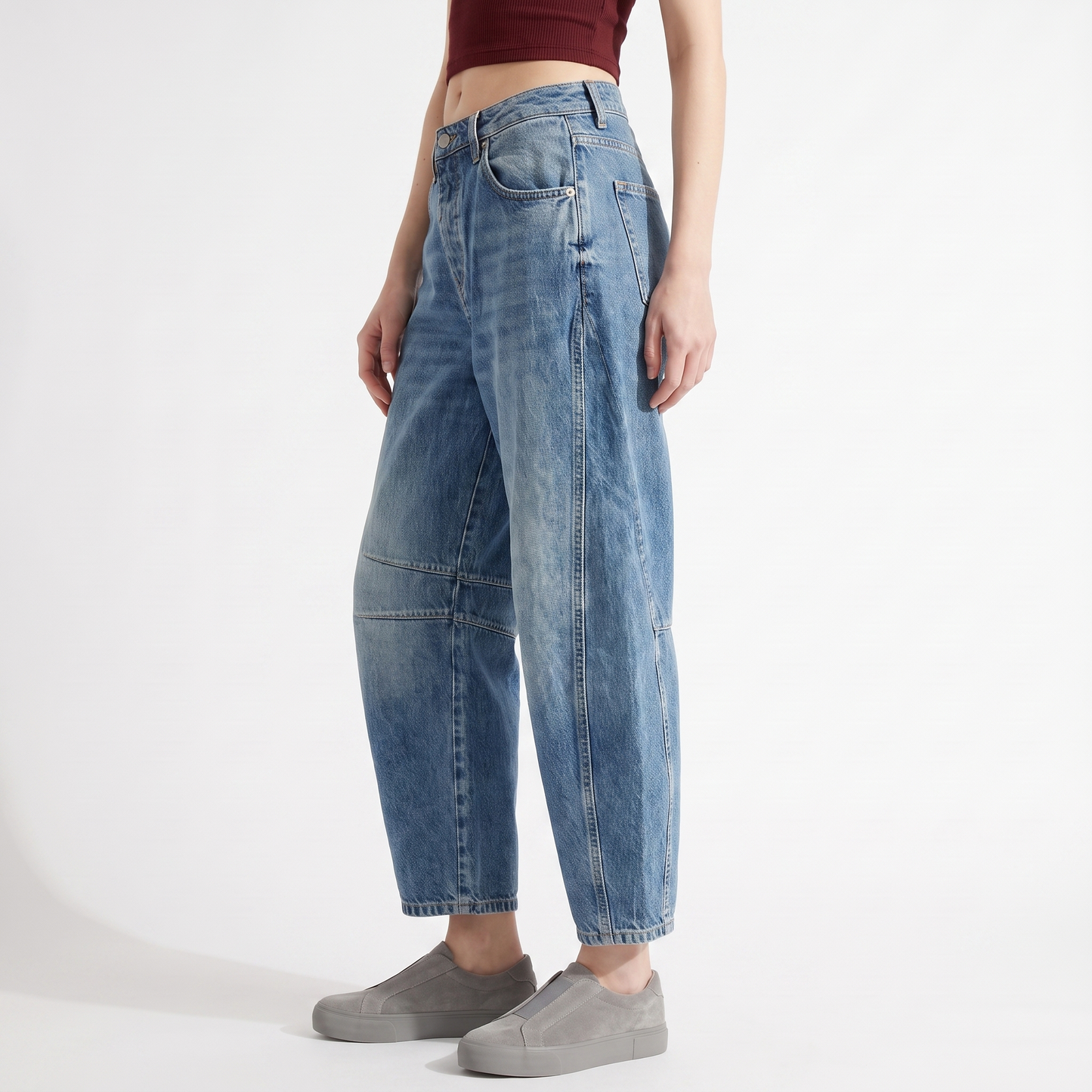 Sunoire wide-leg barrel cargo jeans medium wash denim bottom three-quarter crop