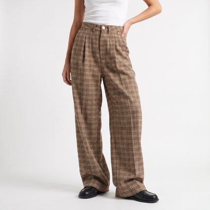 Sunoire plaid wide leg pleated front pants brown bottom front crop
