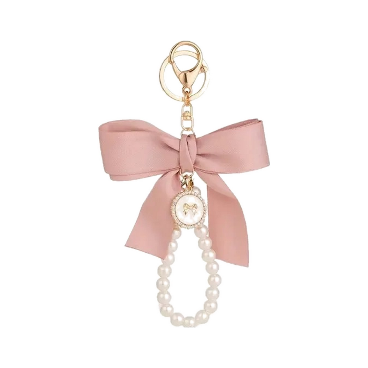 Pink ribbon bow bag charm with a faux pearl loop and gold clasp