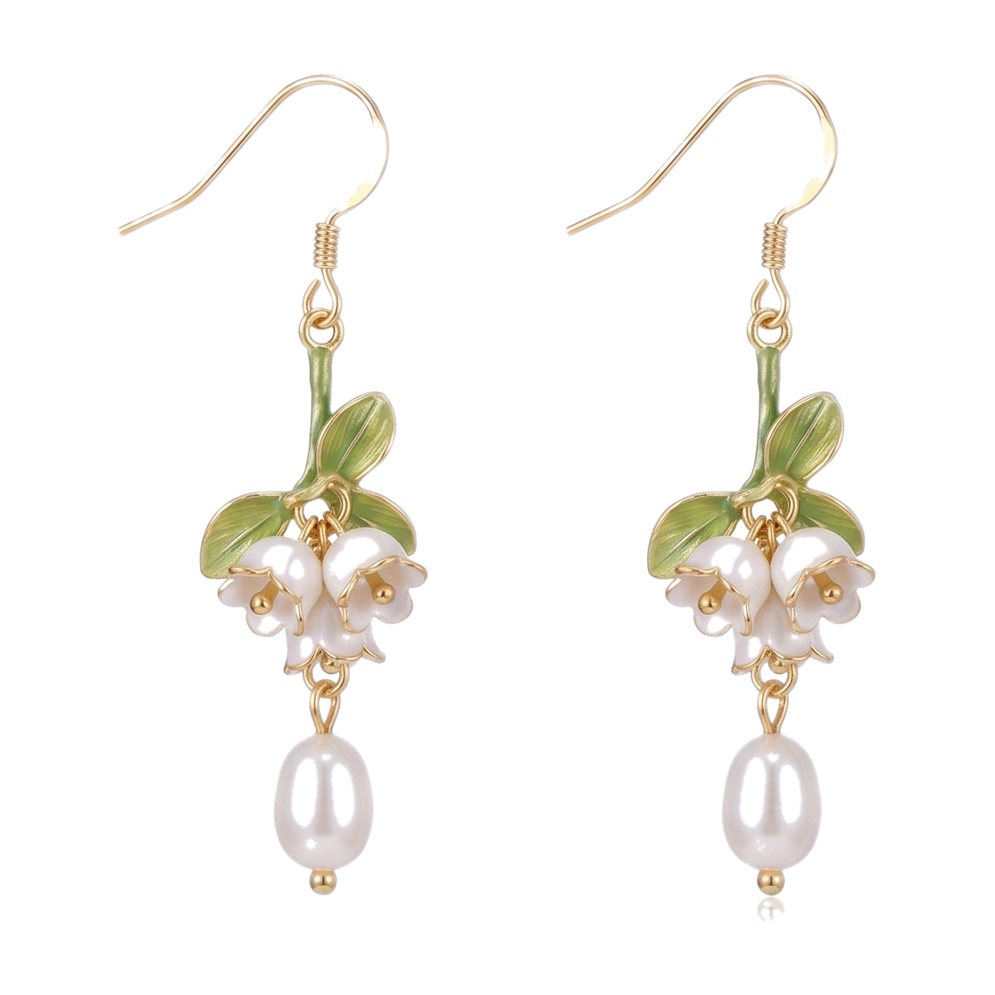 Sunoire lily valley cottagecore floral freshwater pearl studs 925 silver drop earrings green enamel tassels handmade gold bezel setting 01 flatlay ivory floral