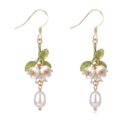 Sunoire lily valley cottagecore floral freshwater pearl studs 925 silver drop earrings green enamel tassels handmade gold bezel setting 01 flatlay ivory floral
