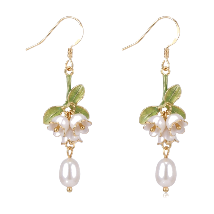 Sunoire lily valley cottagecore floral freshwater pearl studs 925 silver drop earrings green enamel tassels handmade gold bezel setting 01 flatlay ivory floral