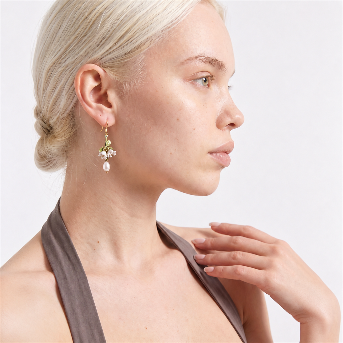 Sunoire lily valley cottagecore floral freshwater pearl studs 925 silver drop earrings green enamel tassels handmade gold bezel setting 02 model wearing ivory floral