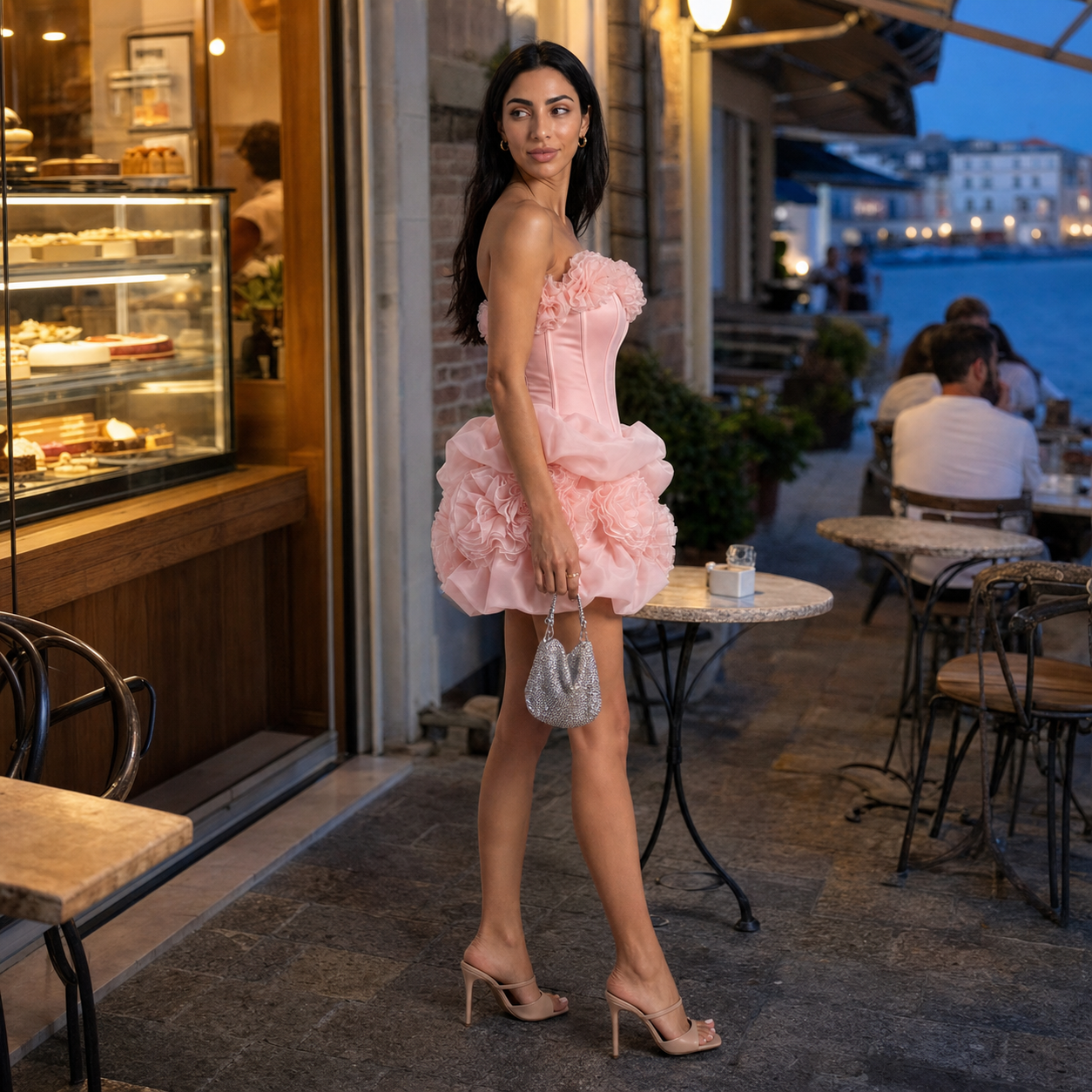 3D Rosette Bubble Hem Corset Mini Dress – Pink Strapless Party Dress — lifestyle photo