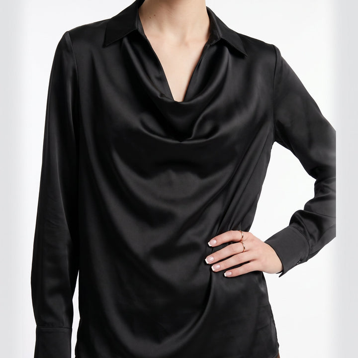Satin Long Sleeve Blouse – Gold Wedding Guest Blouse — Black