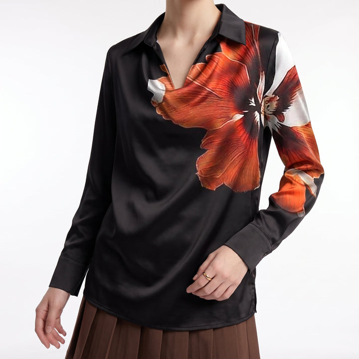 Satin Long Sleeve Blouse – Gold Wedding Guest Blouse — Black Red