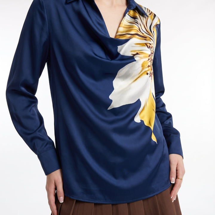 Satin Long Sleeve Blouse – Gold Wedding Guest Blouse — Dark Blue