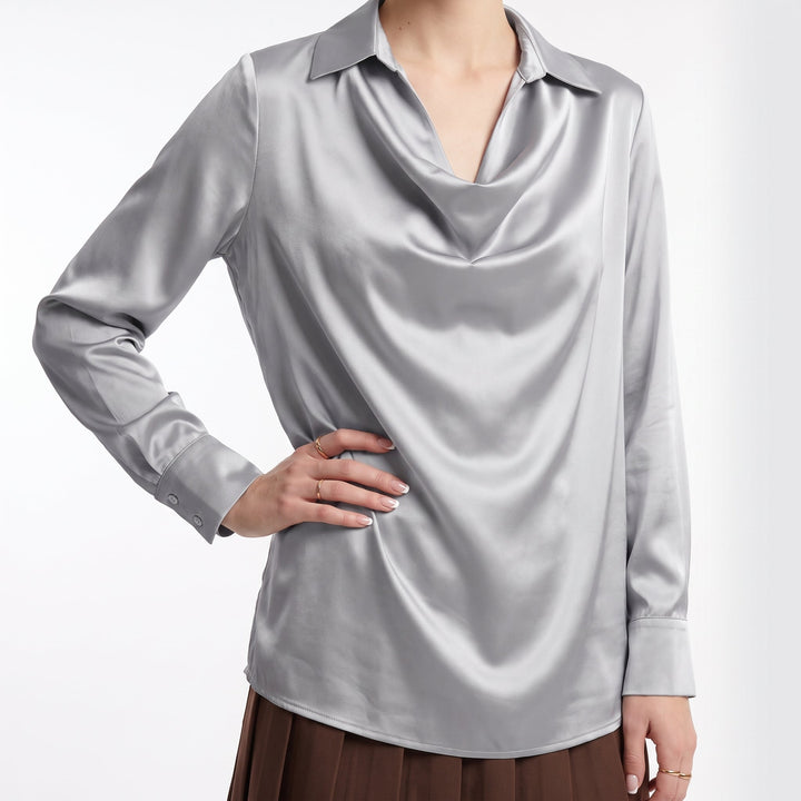 Satin Long Sleeve Blouse – Gold Wedding Guest Blouse — Silver