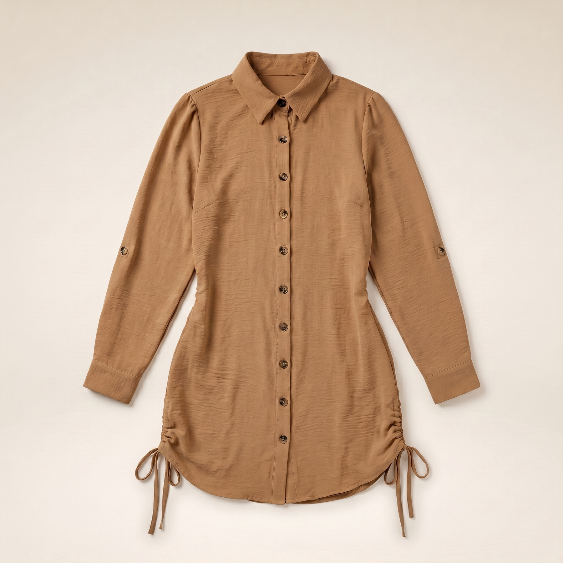 Sunoire button down shirt dress roll tab sleeve side drawstring mini dresses colorway brown garment flatlay 01