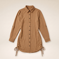 Sunoire button down shirt dress roll tab sleeve side drawstring mini dresses colorway brown garment flatlay 01