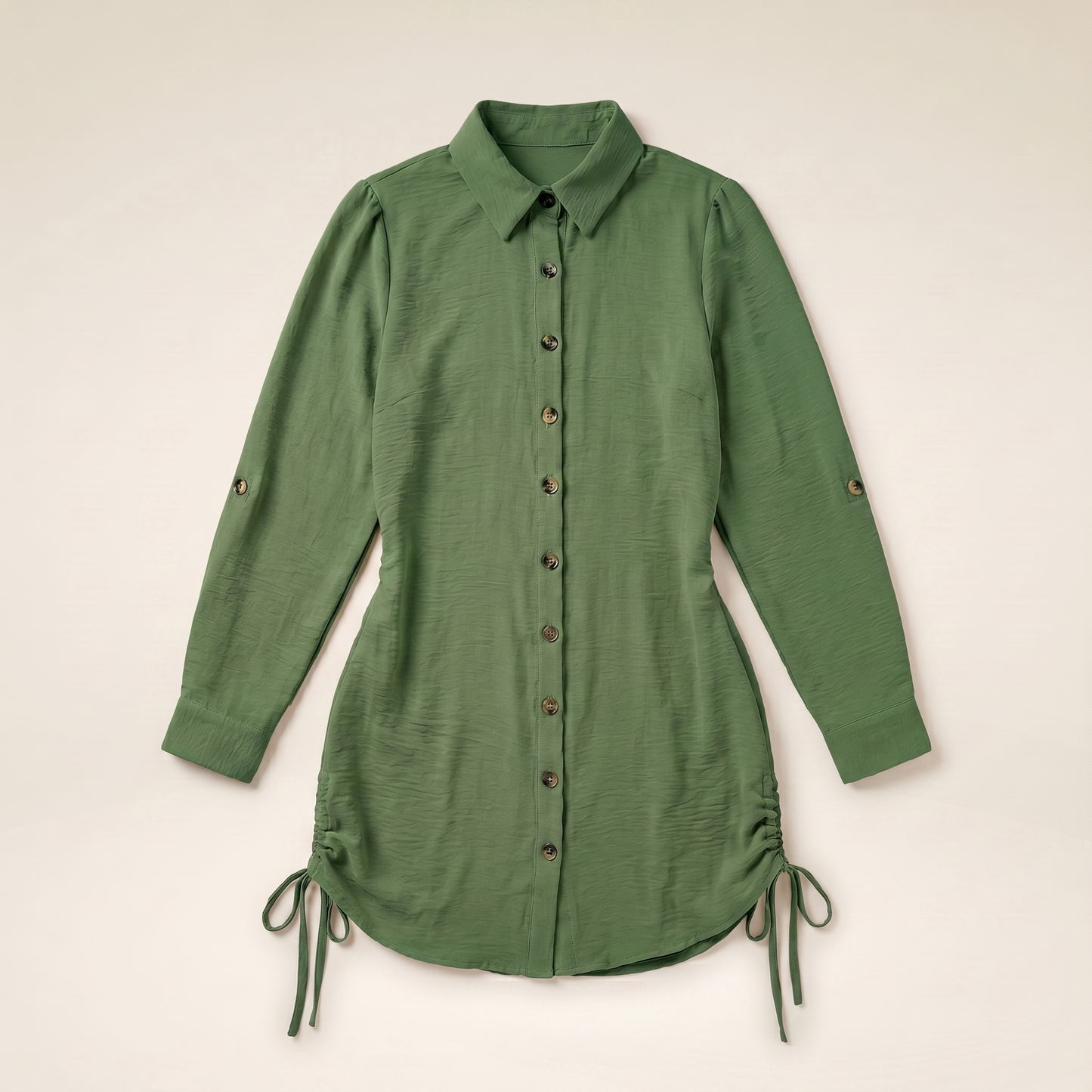 Sunoire button down shirt dress roll tab sleeve side drawstring mini dresses colorway dark green garment flatlay 01