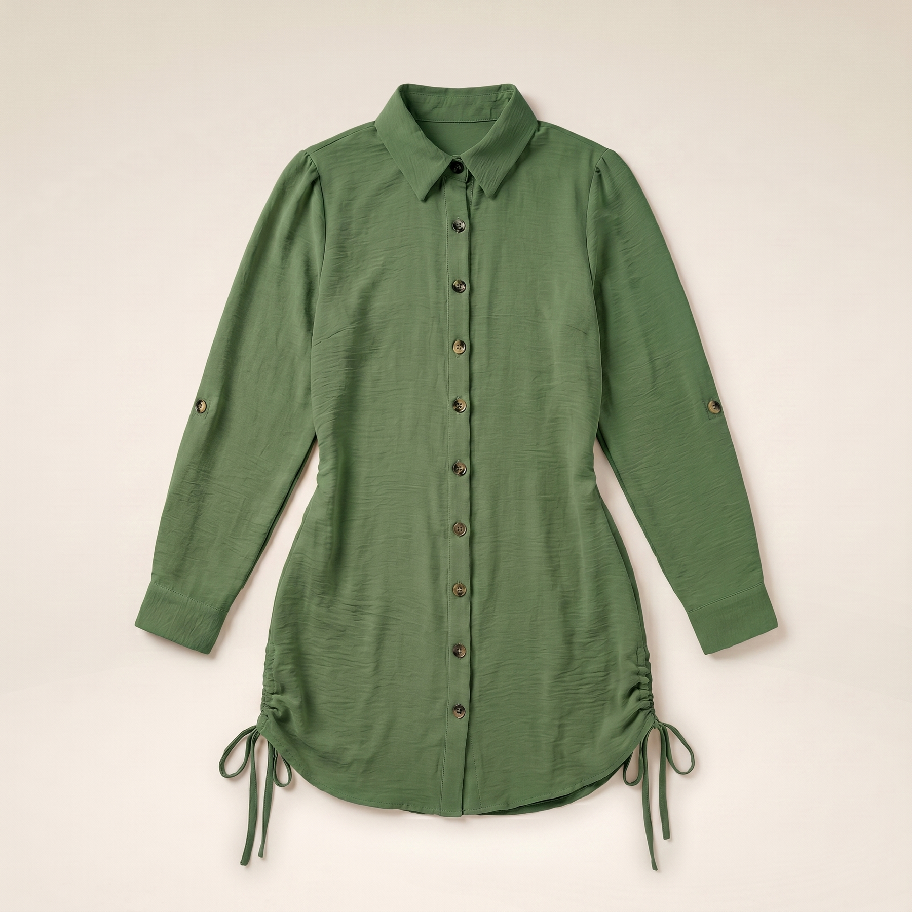 Sunoire button down shirt dress roll tab sleeve side drawstring mini dresses colorway dark green garment flatlay 01