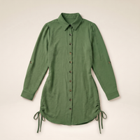 Sunoire button down shirt dress roll tab sleeve side drawstring mini dresses colorway dark green garment flatlay 01