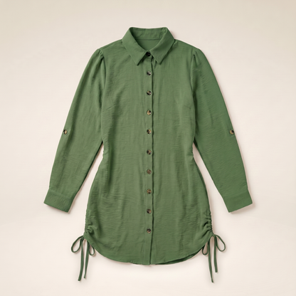 Sunoire button down shirt dress roll tab sleeve side drawstring mini dresses colorway dark green garment flatlay 01