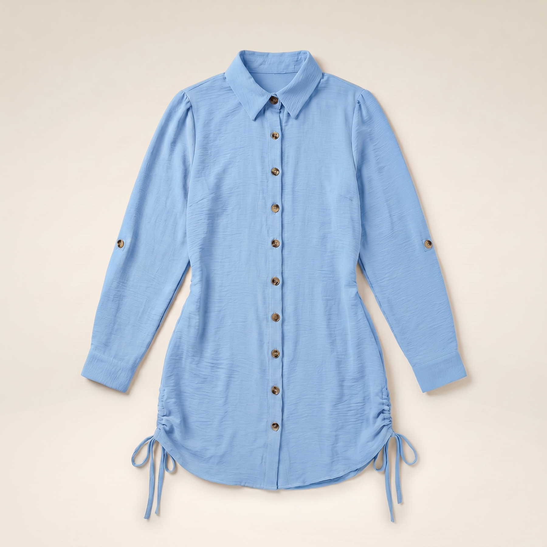 Sunoire button down shirt dress roll tab sleeve side drawstring mini dresses colorway lighted blue garment flatlay 01
