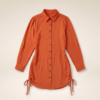 Sunoire button down shirt dress roll tab sleeve side drawstring mini dresses colorway orange garment flatlay 01