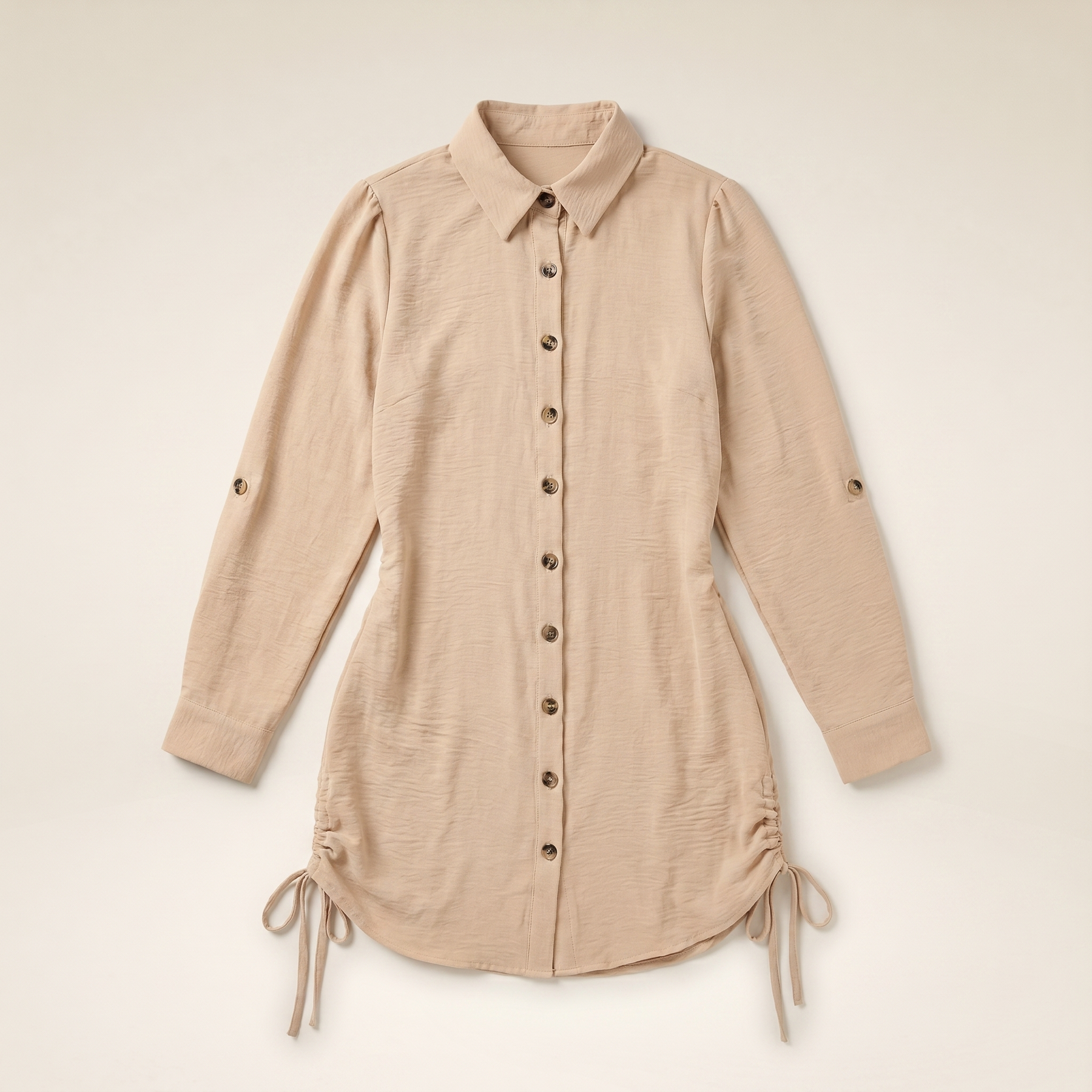 Sunoire button down shirt dress roll tab sleeve side drawstring mini dresses garment flatlay 01