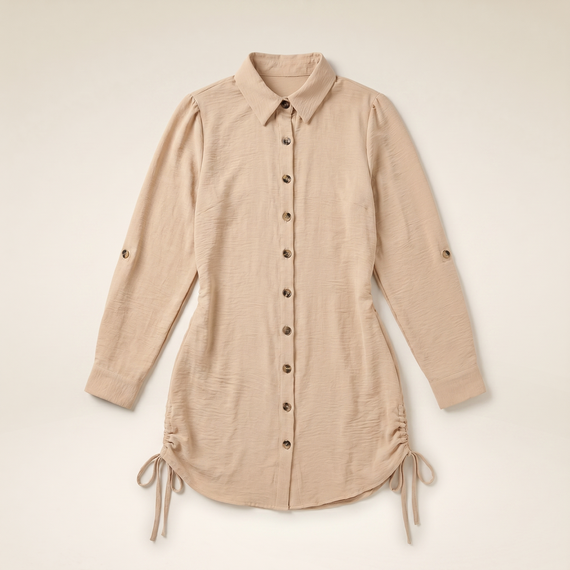Sunoire button down shirt dress roll tab sleeve side drawstring mini dresses garment flatlay 01