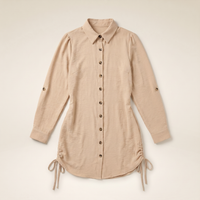 Sunoire button down shirt dress roll tab sleeve side drawstring mini dresses garment flatlay 01