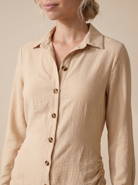 Sunoire button down shirt dress roll tab sleeve side drawstring mini dresses worn detail 01