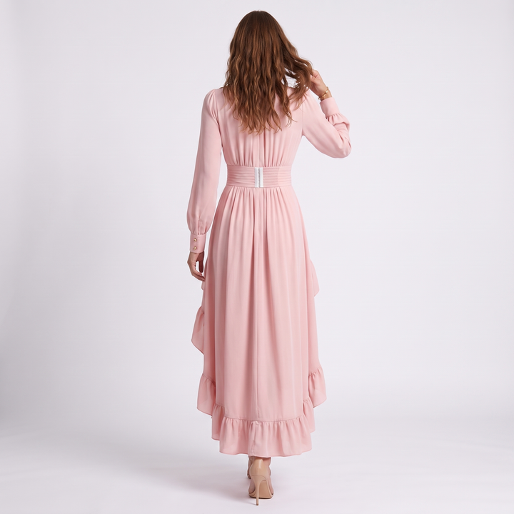 Sunoire ca2049 spring autumn long sleeve new french pink irregular lengths tight waist banquet socialite maxi dress casual ruffle back view 01