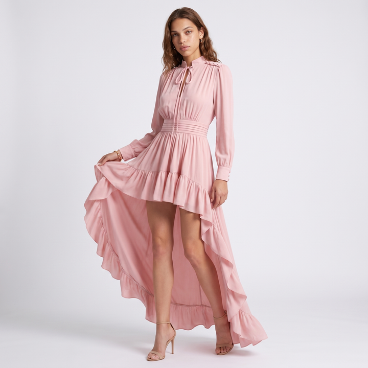 Sunoire ca2049 spring autumn long sleeve new french pink irregular lengths tight waist banquet socialite maxi dress casual ruffle front hero 01