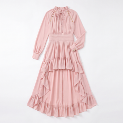 Sunoire ca2049 spring autumn long sleeve new french pink irregular lengths tight waist banquet socialite maxi dress casual ruffle garment flatlay 01