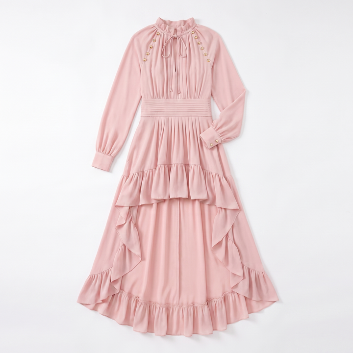 Sunoire ca2049 spring autumn long sleeve new french pink irregular lengths tight waist banquet socialite maxi dress casual ruffle garment flatlay 01