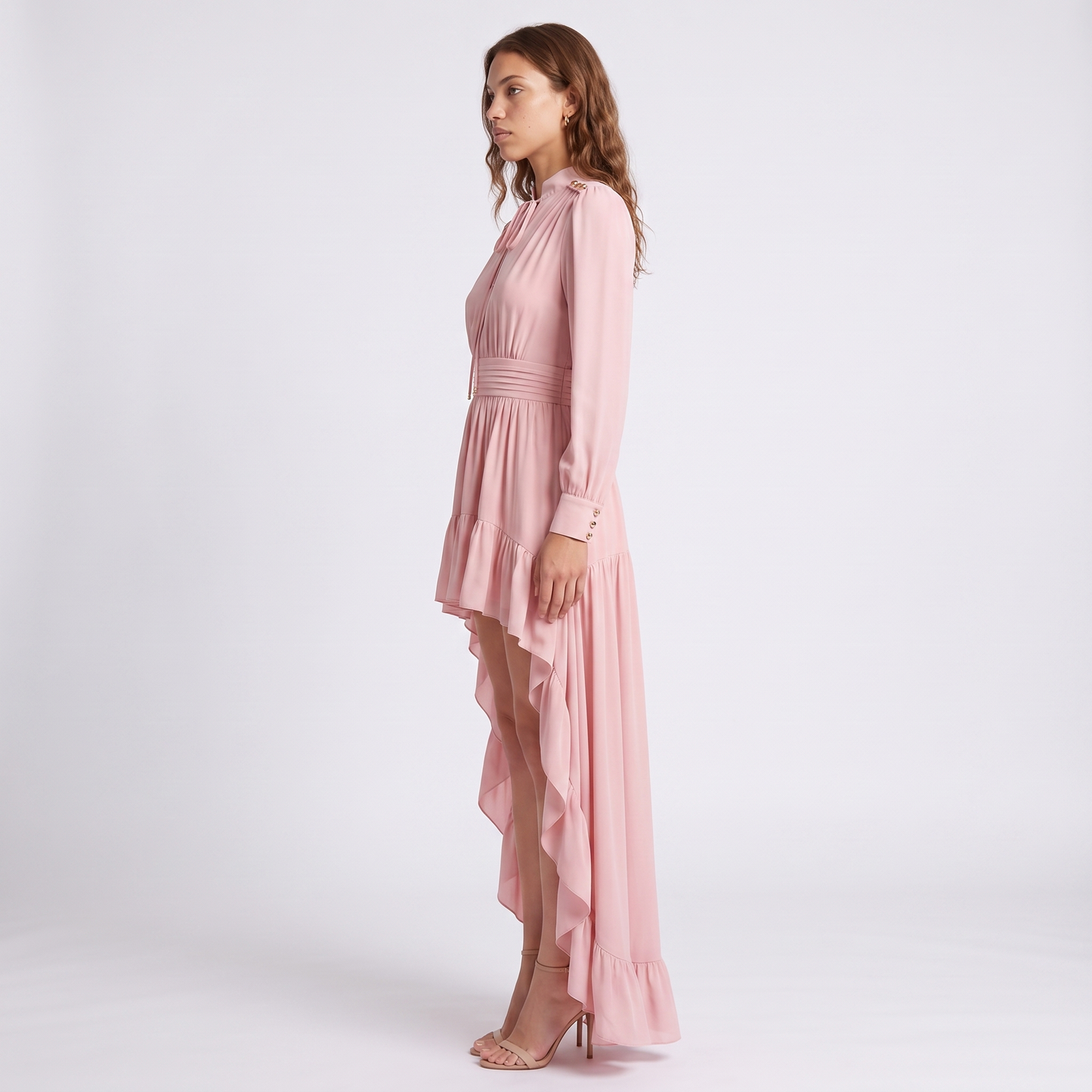 Sunoire ca2049 spring autumn long sleeve new french pink irregular lengths tight waist banquet socialite maxi dress casual ruffle side view 01
