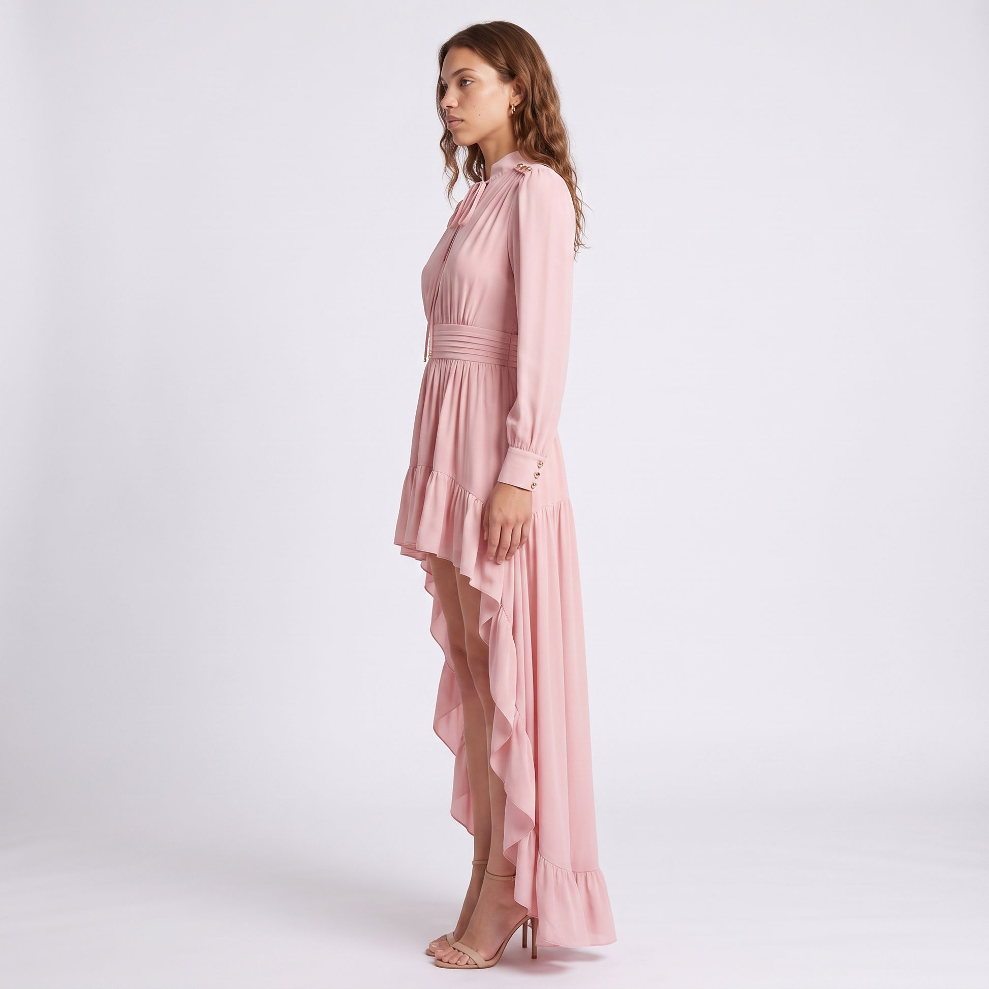 Sunoire ca2049 spring autumn long sleeve new french pink irregular lengths tight waist banquet socialite maxi dress casual ruffle side view 01