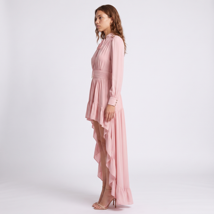 Sunoire ca2049 spring autumn long sleeve new french pink irregular lengths tight waist banquet socialite maxi dress casual ruffle side view 01