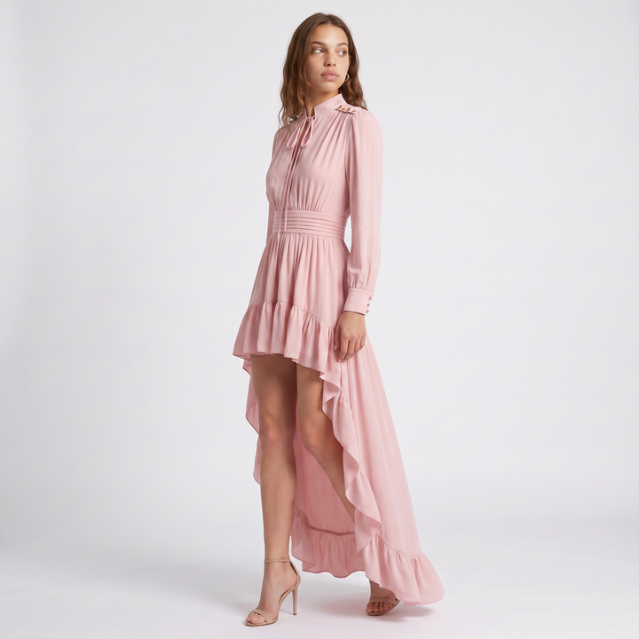 Sunoire ca2049 spring autumn long sleeve new french pink irregular lengths tight waist banquet socialite maxi dress casual ruffle three quarter 01