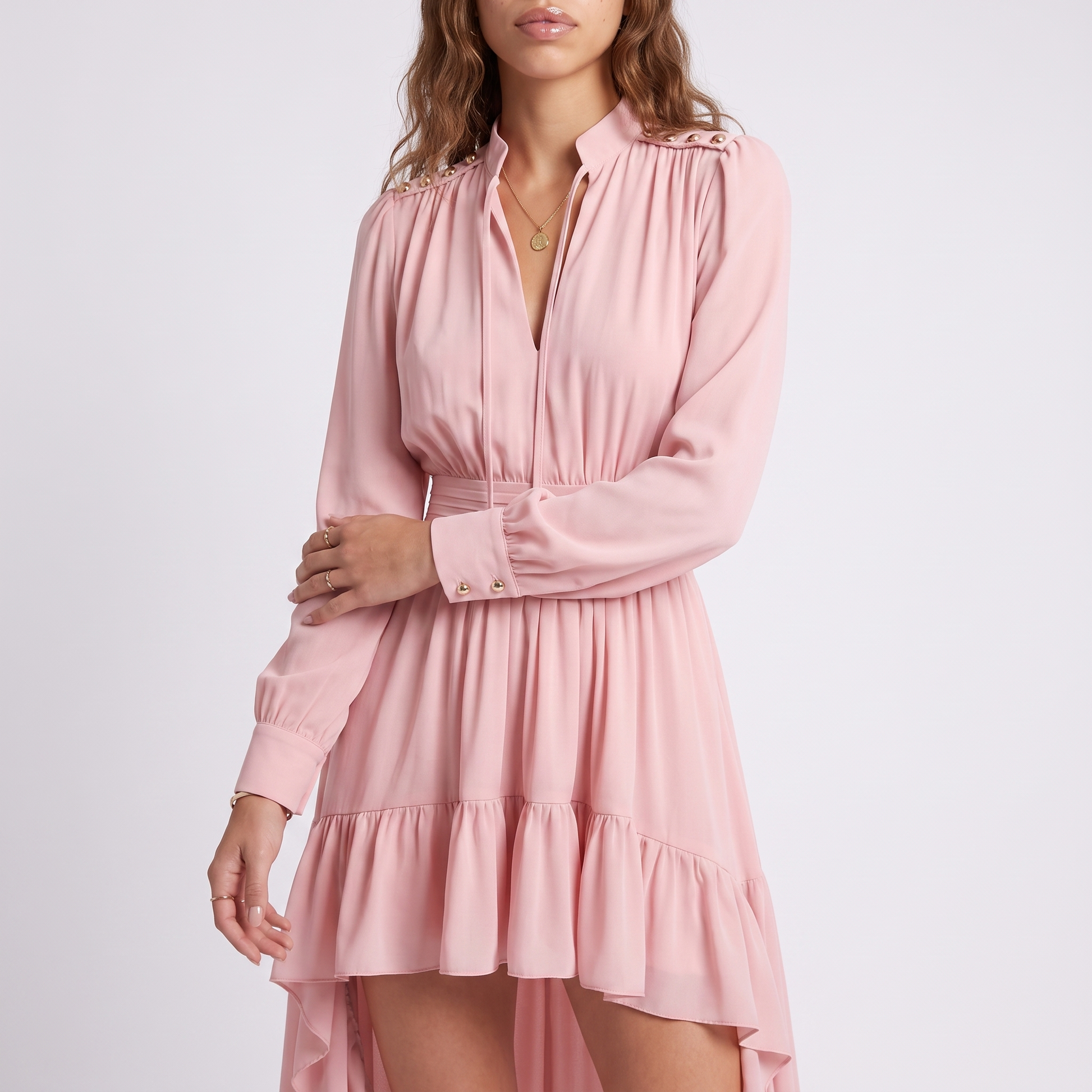 Sunoire ca2049 spring autumn long sleeve new french pink irregular lengths tight waist banquet socialite maxi dress casual ruffle torso crop 01
